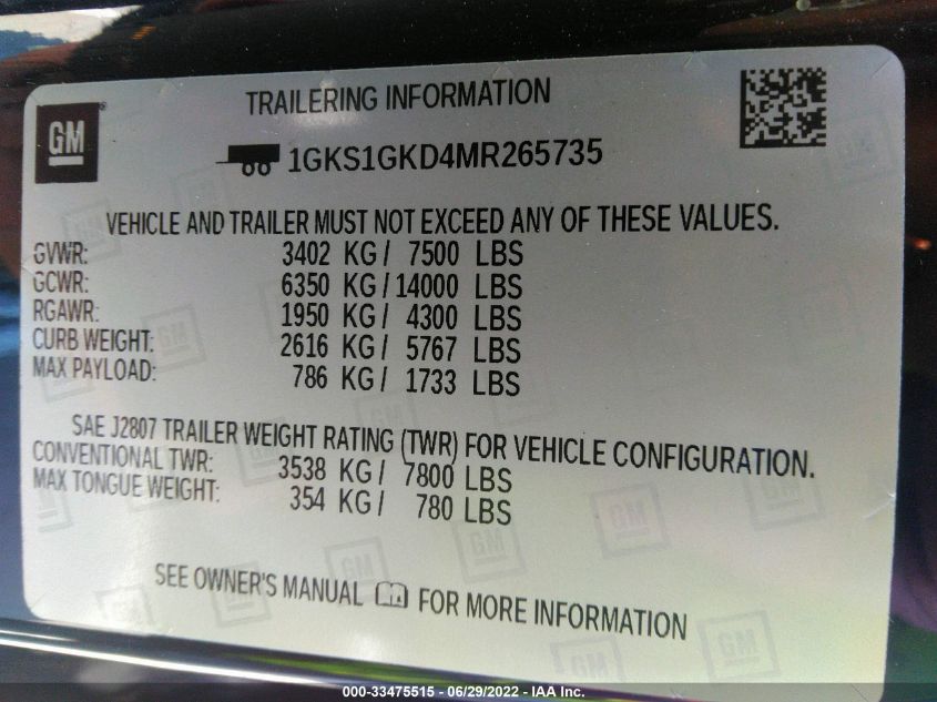 2021 GMC YUKON XL SLT 1GKS1GKD4MR265735