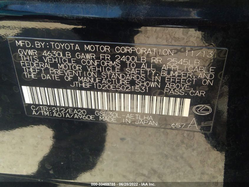 2014 LEXUS IS 250 JTHBF1D20E5021531
