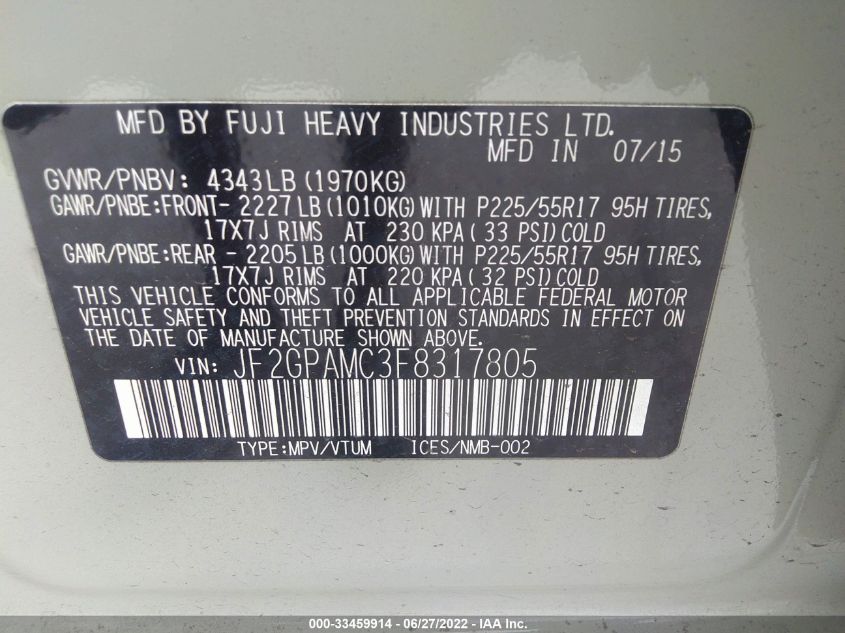 2015 SUBARU XV CROSSTREK LIMITED JF2GPAMC3F8317805
