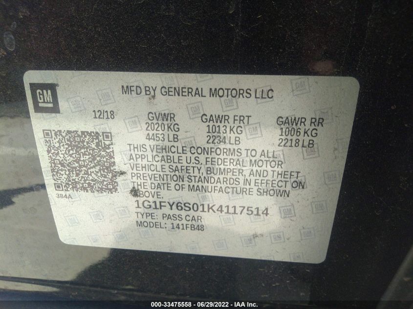 2019 CHEVROLET BOLT EV LT - 1G1FY6S01K4117514