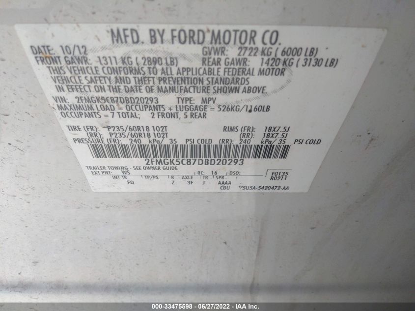 2013 FORD FLEX SEL 2FMGK5C87DBD20293
