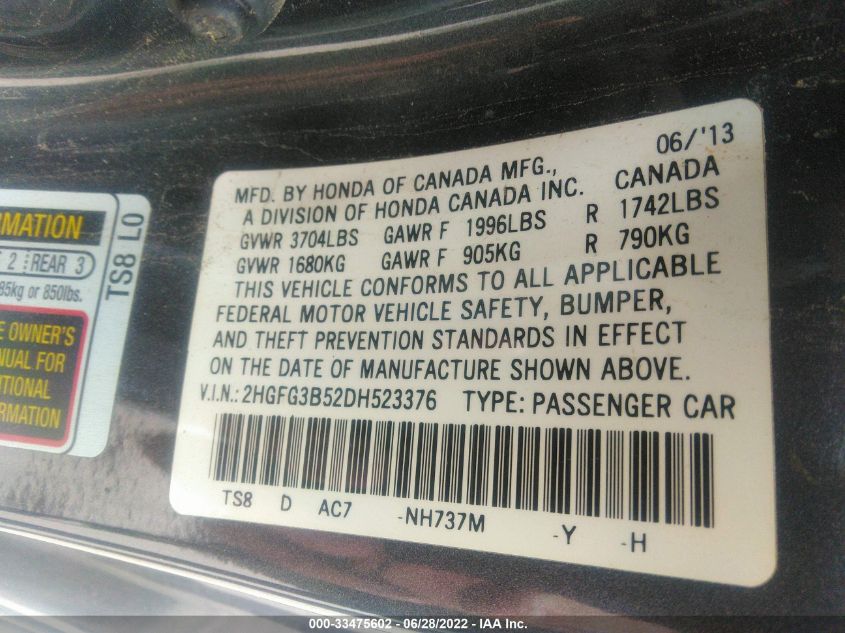 2013 HONDA CIVIC CPE LX 2HGFG3B52DH523376