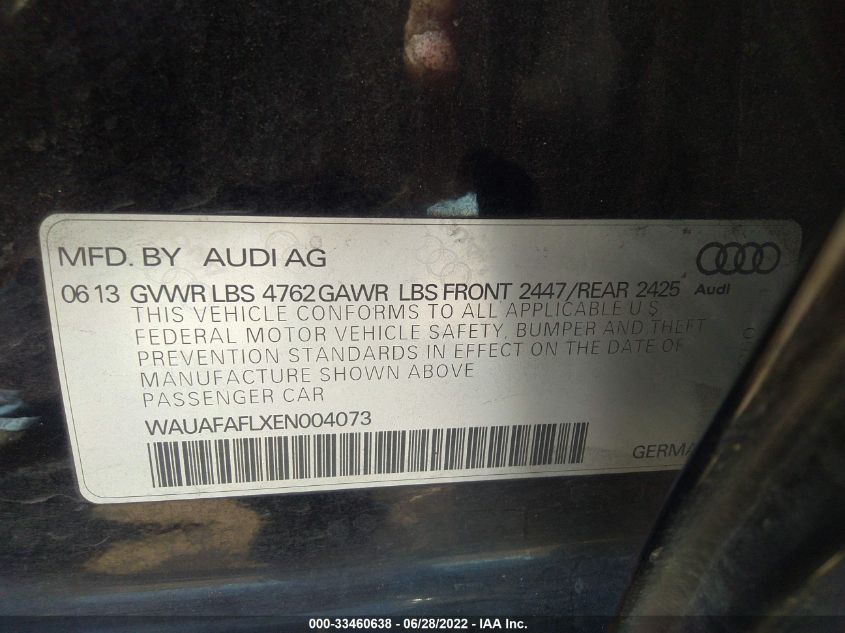 2014 AUDI A4 PREMIUM WAUAFAFLXEN004073