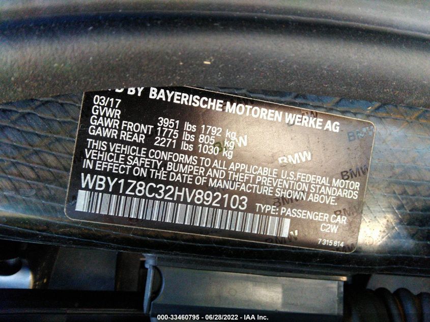 2017 BMW I3 WBY1Z8C32HV892103