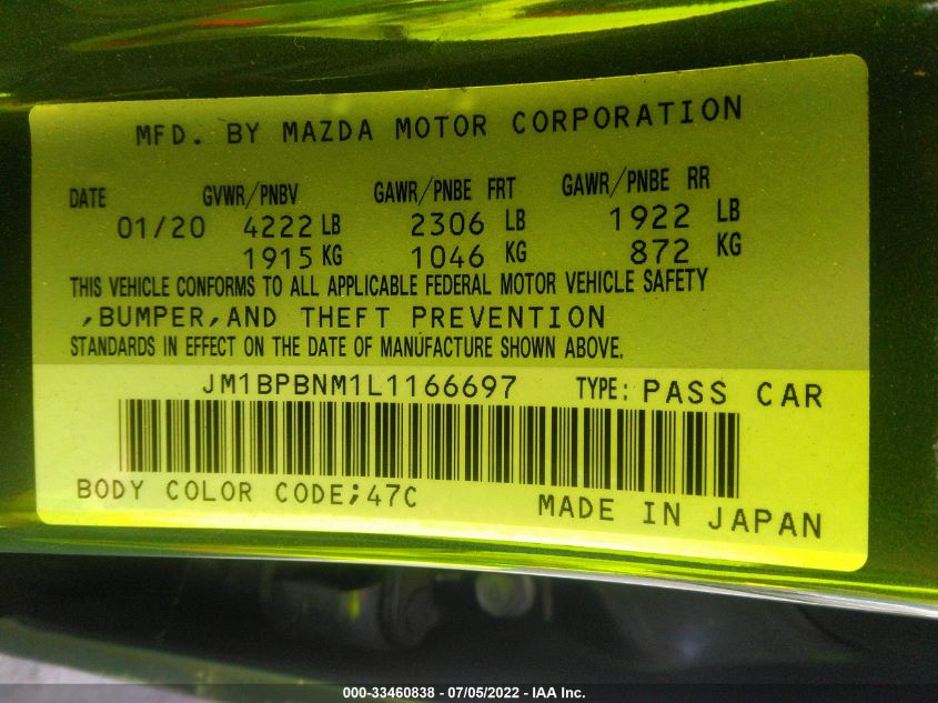 2020 MAZDA MAZDA3 HATCHBACK PREMIUM PACKAGE JM1BPBNM1L1166697