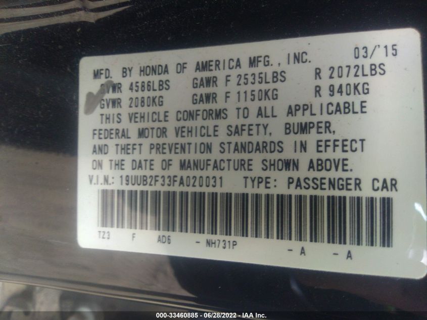2015 ACURA TLX V6 19UUB2F33FA020031
