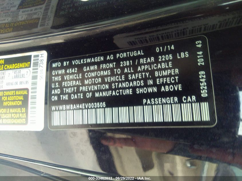 2014 VOLKSWAGEN EOS KOMFORT WVWBW8AH4EV003505
