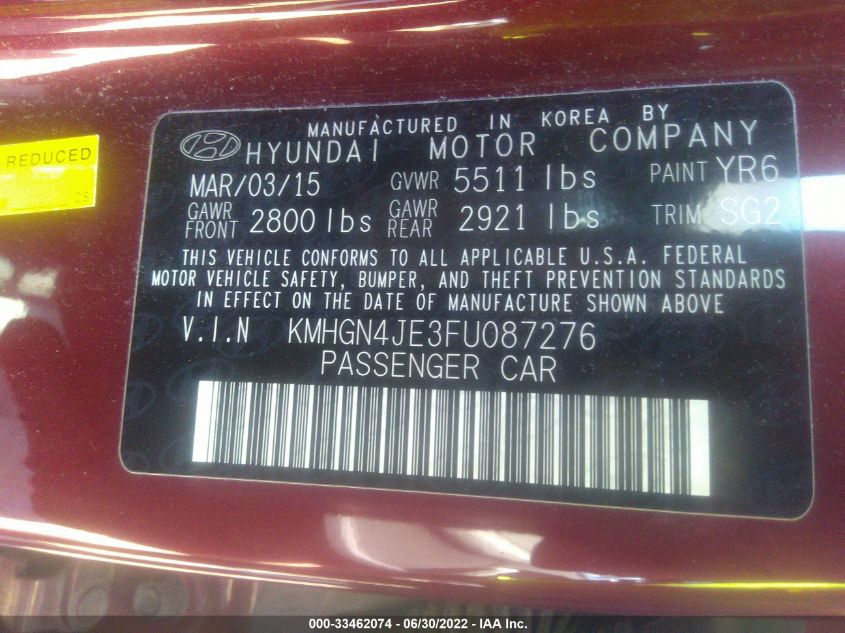 2015 HYUNDAI GENESIS 3.8L KMHGN4JE3FU087276