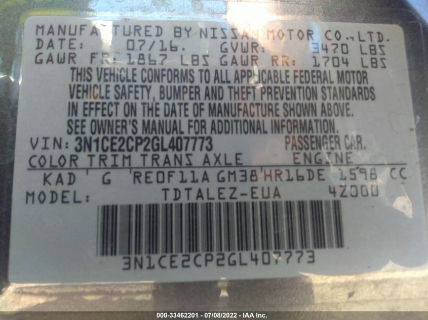 2016 NISSAN VERSA NOTE S/S PLUS/SV/SL/SR 3N1CE2CP2GL407773
