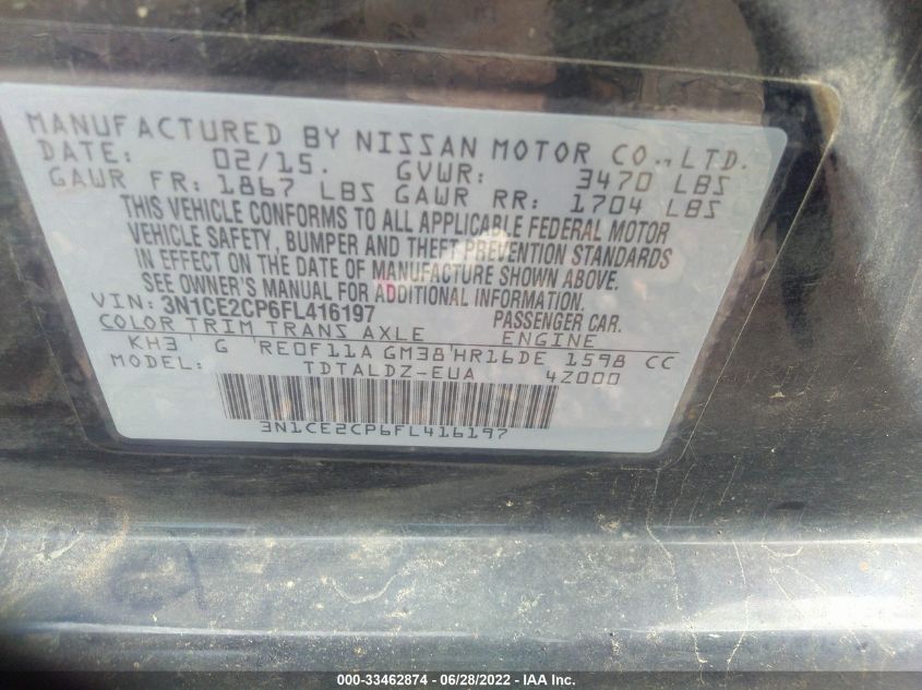 2015 NISSAN VERSA NOTE S/S PLUS/SV/SR/SL 3N1CE2CP6FL416197