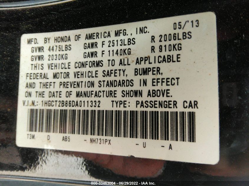 2013 HONDA ACCORD CPE EX-L 1HGCT2B86DA011332