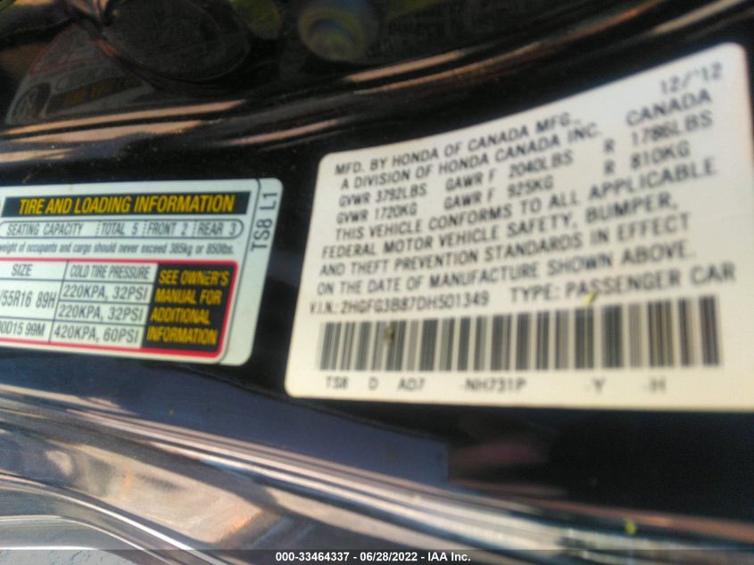2013 HONDA CIVIC CPE EX 2HGFG3B87DH501349
