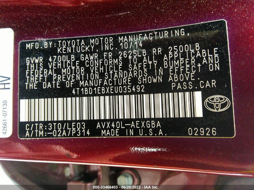 2014 TOYOTA AVALON HYBRID HYBRID/PREM/TOUR/LTD 4T1BD1EBXEU035492