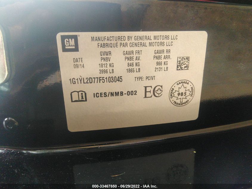 2015 CHEVROLET CORVETTE Z51 3LT 1G1YL2D77F5103045
