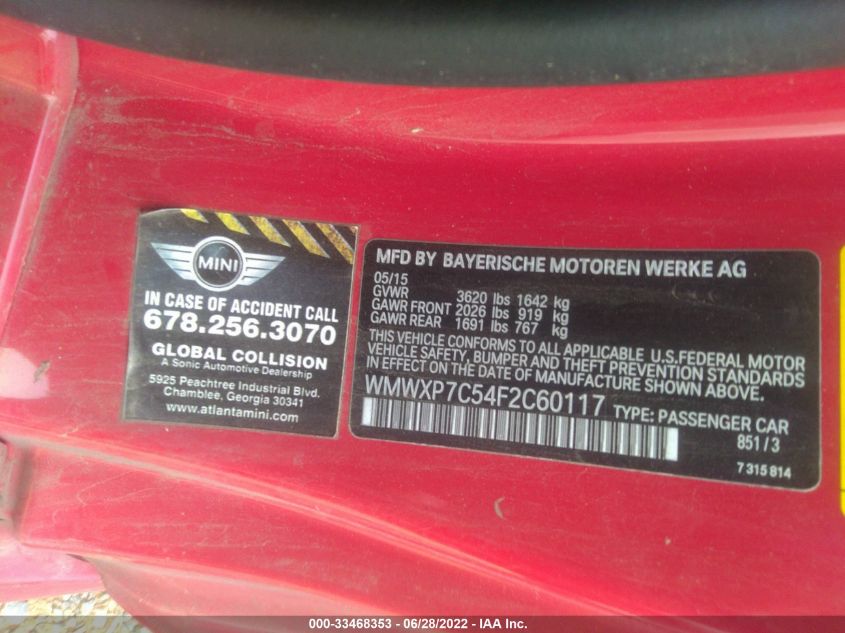 2015 MINI COOPER HARDTOP S WMWXP7C54F2C60117