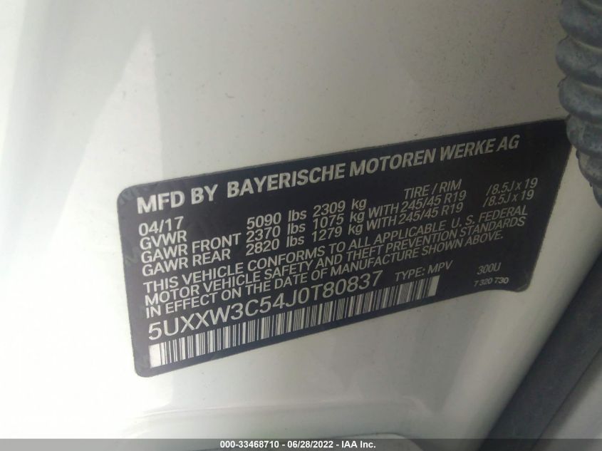 2018 BMW X4 XDRIVE28I 5UXXW3C54J0T80837