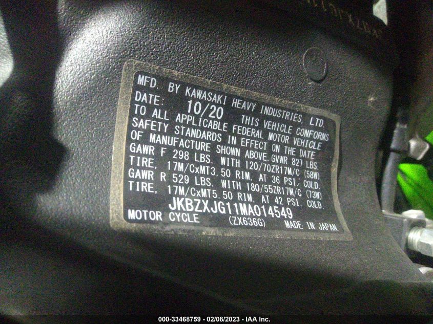 2021 KAWASAKI ZX636 K JKBZXJG11MA014549