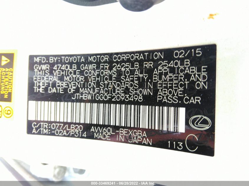 2015 LEXUS ES 300H HYBRID JTHBW1GG0F2093498
