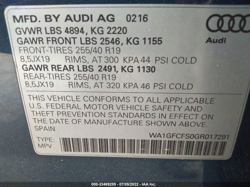 2016 AUDI Q3 PRESTIGE WA1GFCFS0GR017291
