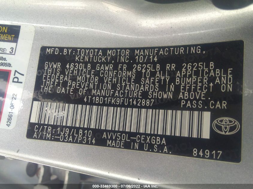 2015 TOYOTA CAMRY HYBRID LE/XLE/SE 4T1BD1FK9FU142887
