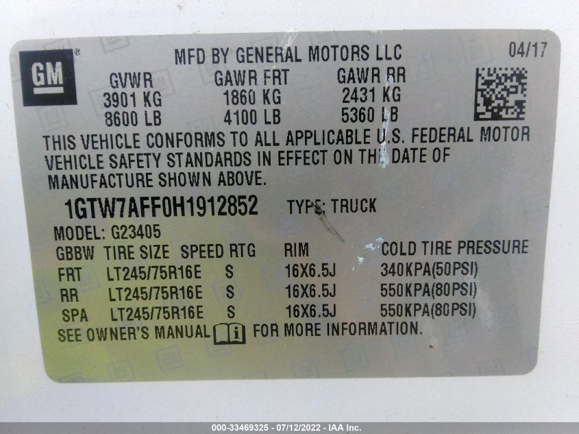 2017 GMC SAVANA CARGO VAN 1GTW7AFF0H1912852