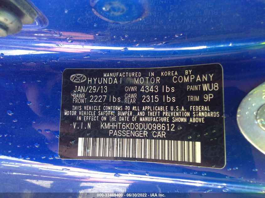 2013 HYUNDAI GENESIS COUPE 2.0T KMHHT6KD3DU098612