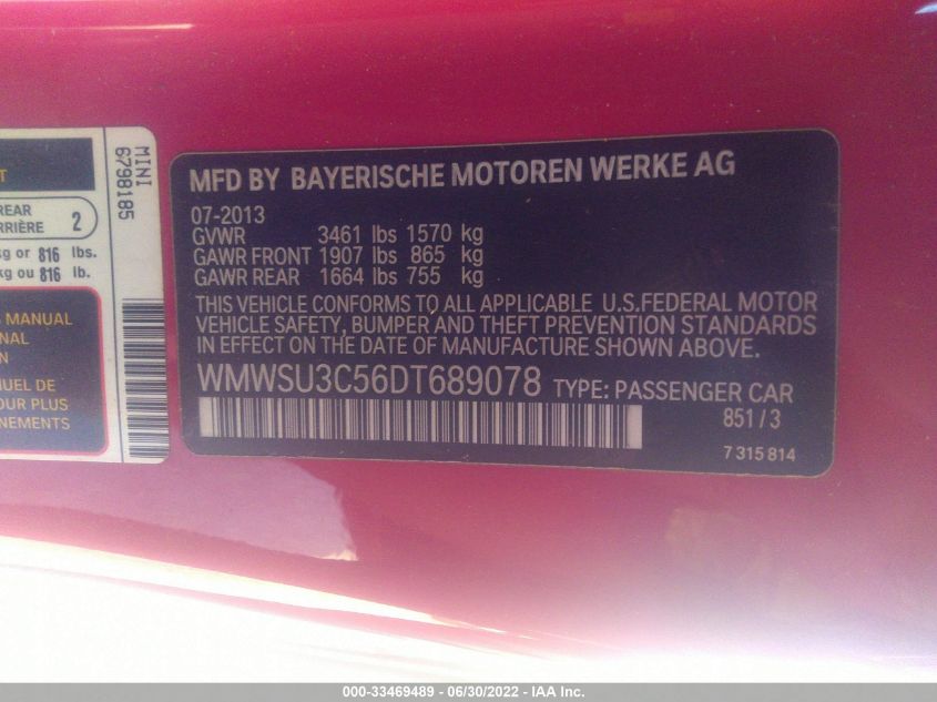2013 MINI COOPER HARDTOP WMWSU3C56DT689078