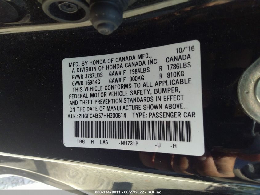 2017 HONDA CIVIC COUPE LX 2HGFC4B57HH300614