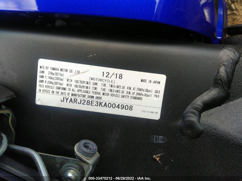 2019 YAMAHA YZFR6 JYARJ28E3KA004908