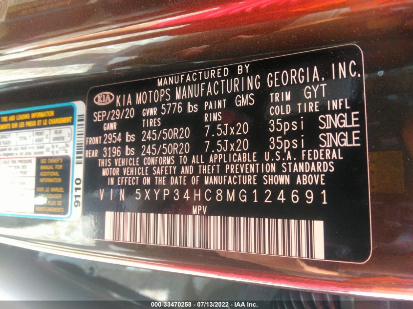 2021 KIA TELLURIDE EX 5XYP34HC8MG124691