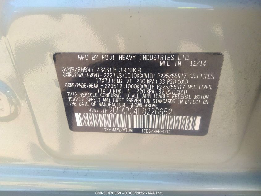 2015 SUBARU XV CROSSTREK LIMITED JF2GPAPC4F8226652