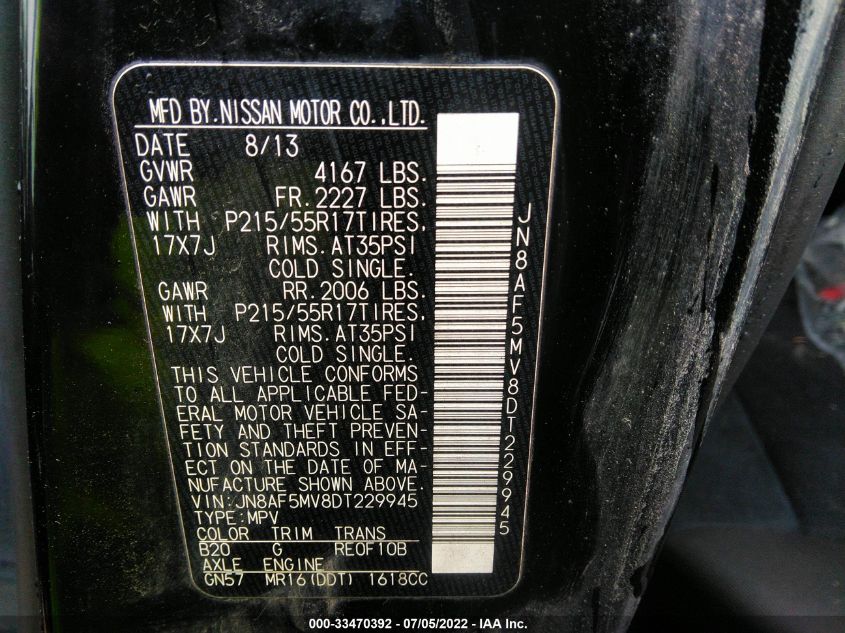 2013 NISSAN JUKE SV JN8AF5MV8DT229945