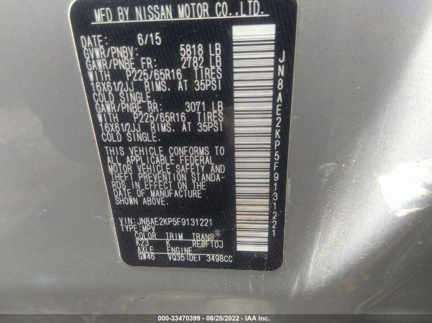2015 NISSAN QUEST SV/S/PLATINUM/SL JN8AE2KP5F9131221