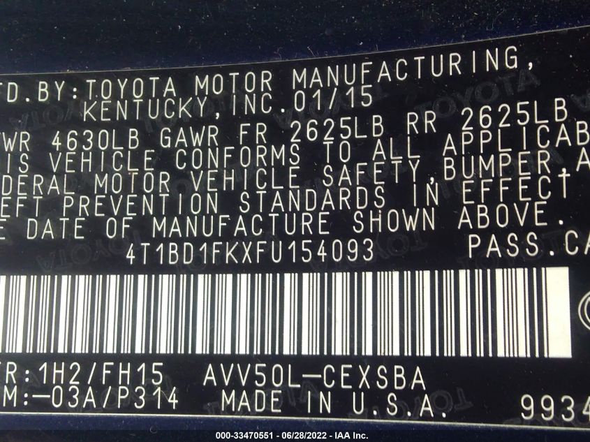2015 TOYOTA CAMRY HYBRID LE/XLE/SE 4T1BD1FKXFU154093