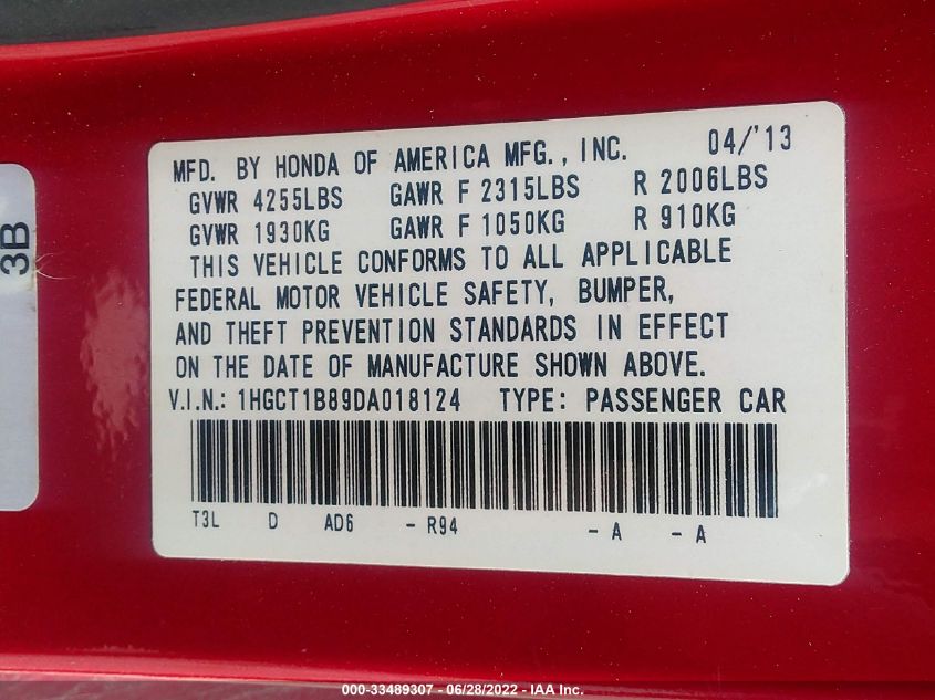 2013 HONDA ACCORD CPE EX-L 1HGCT1B89DA018124