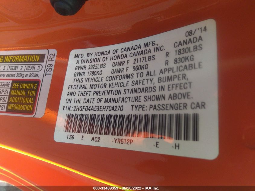 2014 HONDA CIVIC COUPE SI 2HGFG4A53EH704270