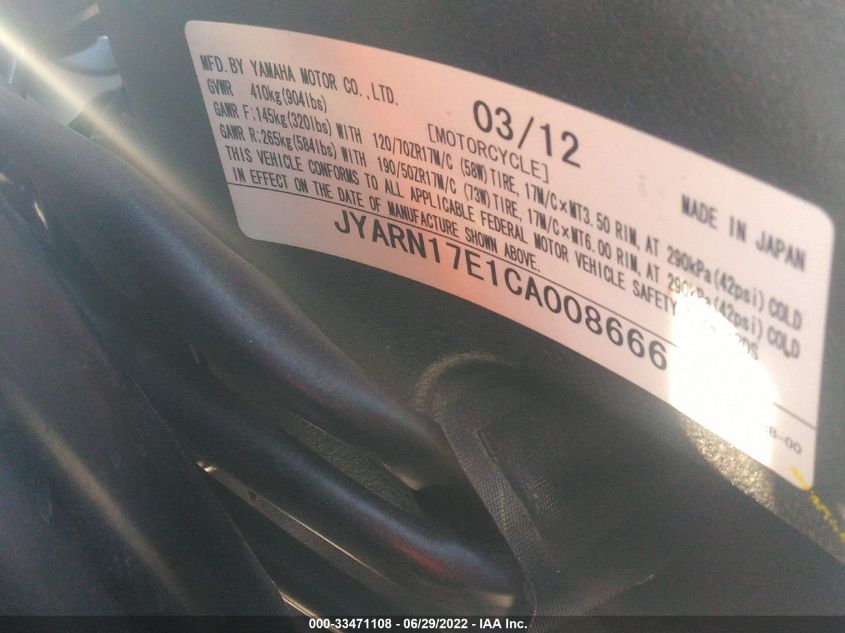 2012 YAMAHA FZ1 S JYARN17E1CA008666