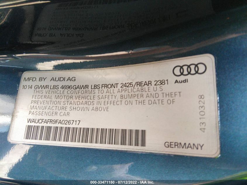 2015 AUDI A5 PREMIUM WAUCFAFR9FA026717