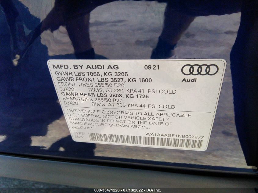 2022 AUDI E-TRON PREMIUM WA1AAAGE1NB007277