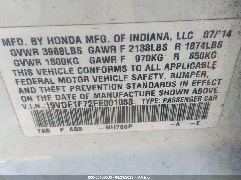 2015 ACURA ILX TECH PKG 19VDE1F72FE001088