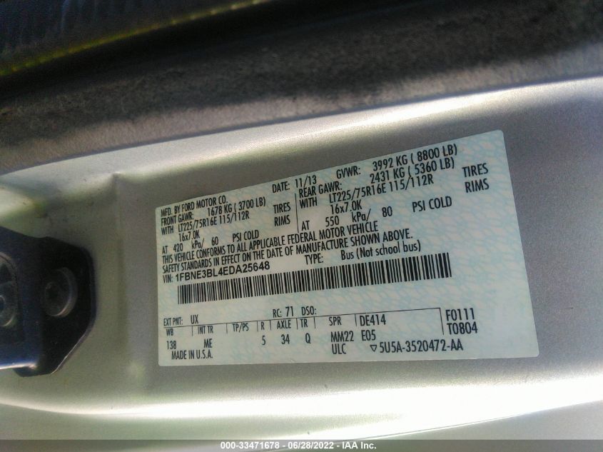 2014 FORD ECONOLINE WAGON XL/XLT 1FBNE3BL4EDA25648