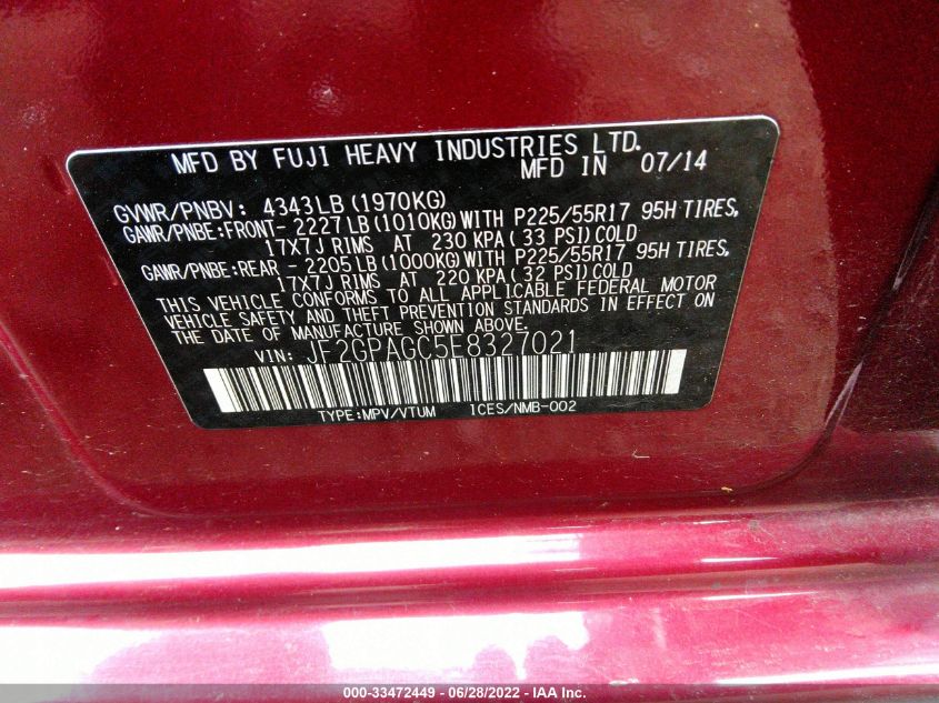2014 SUBARU XV CROSSTREK LIMITED JF2GPAGC5E8327021