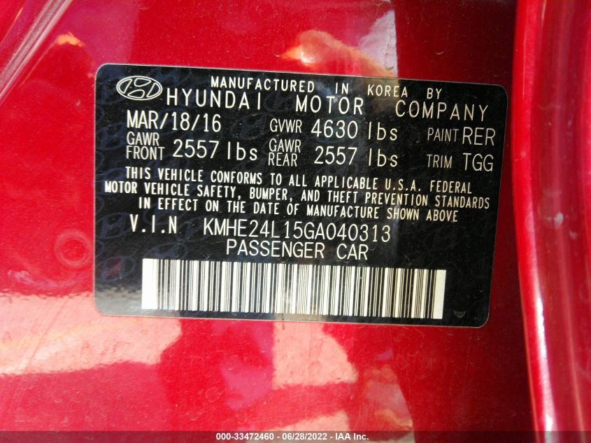 2016 HYUNDAI SONATA HYBRID SE KMHE24L15GA040313