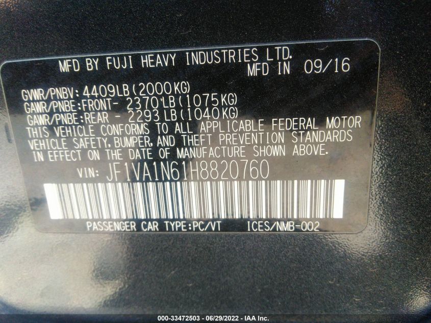 2017 SUBARU WRX LIMITED JF1VA1N61H8820760