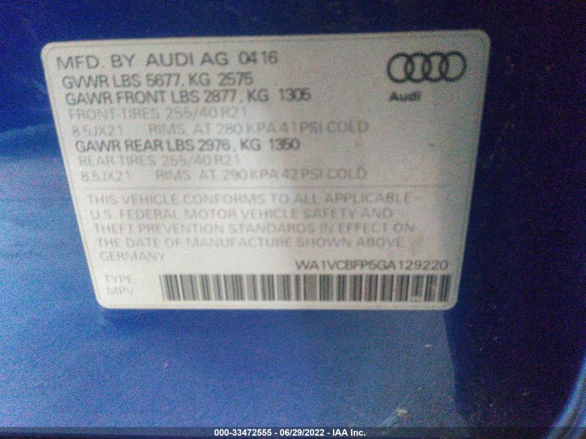 2016 AUDI SQ5 PRESTIGE WA1VCBFP5GA129220