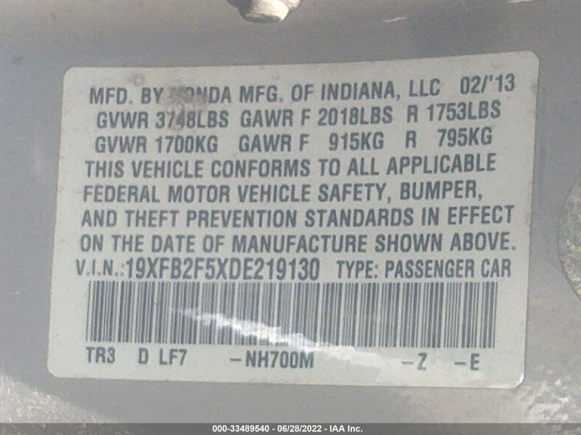 2013 HONDA CIVIC SDN LX 19XFB2F5XDE219130