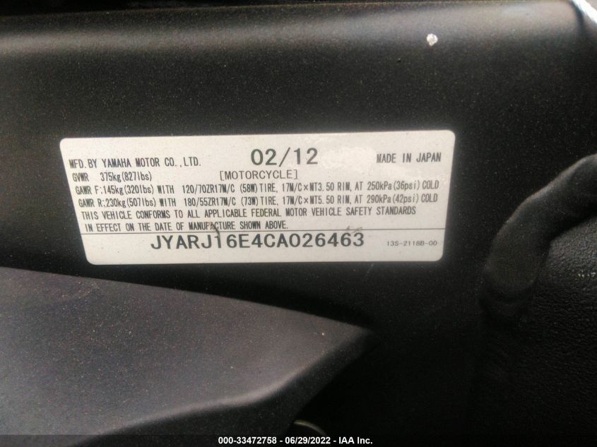 2012 YAMAHA YZFR6 JYARJ16E4CA026463