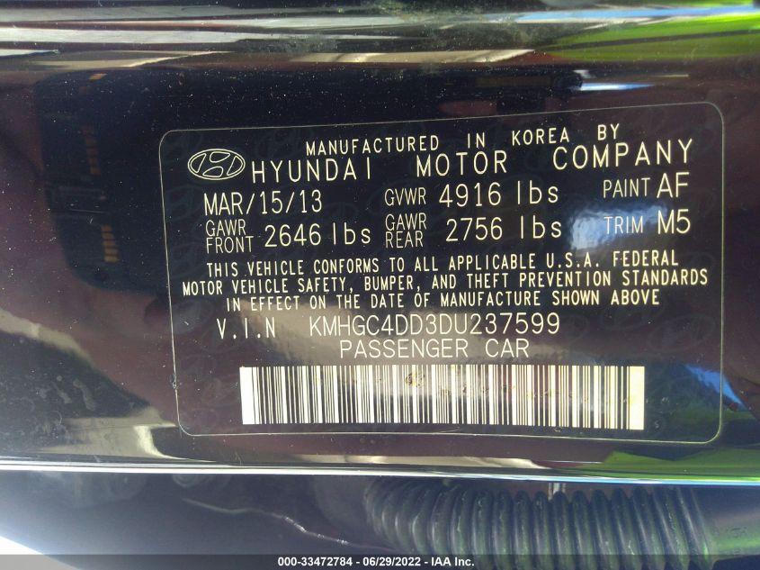 2013 HYUNDAI GENESIS 3.8L KMHGC4DD3DU237599