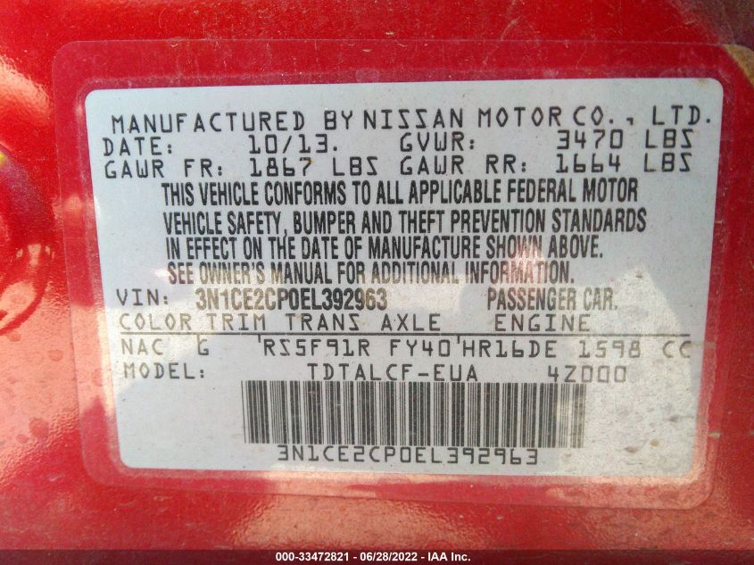2014 NISSAN VERSA NOTE S 3N1CE2CP0EL392963