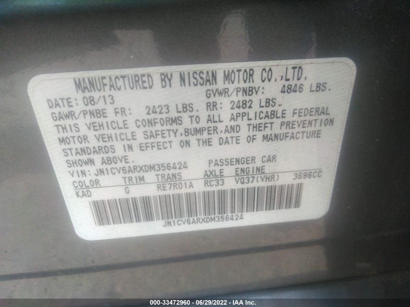 2013 INFINITI G37 SEDAN X JN1CV6ARXDM356424